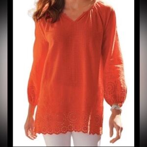 SOFT SURROUNDINGS Top Blouse Eyelet Lace Sunsetter Orange Scalloped Small